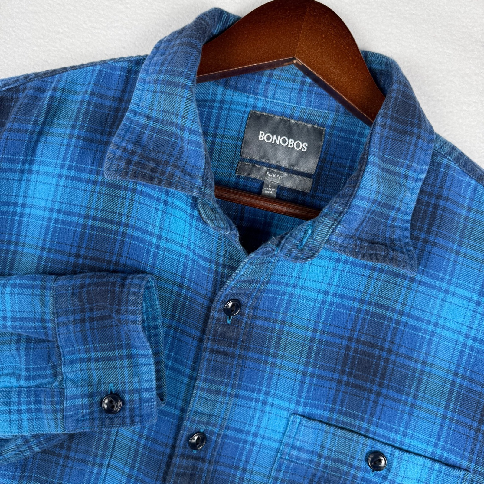 Bonobos Flannel Work Shirt Mens L Slim Fit Blue Plaid Long Sleeve Button Up